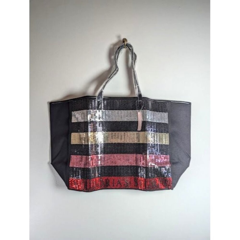 2 Set‎ Victoria's Secret Make Up & Tote Bag Log Stripe Sequin Glam Weekender NEW